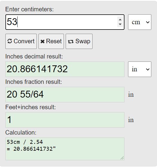 53 cm to inches calculation
